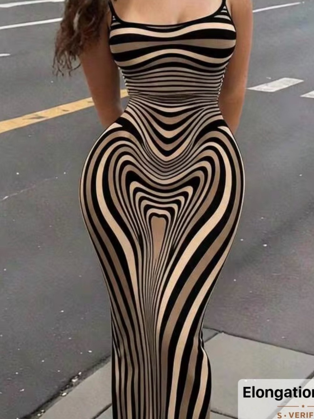 SHEIN Black and Cream Striped Bodycon Maxi Dress